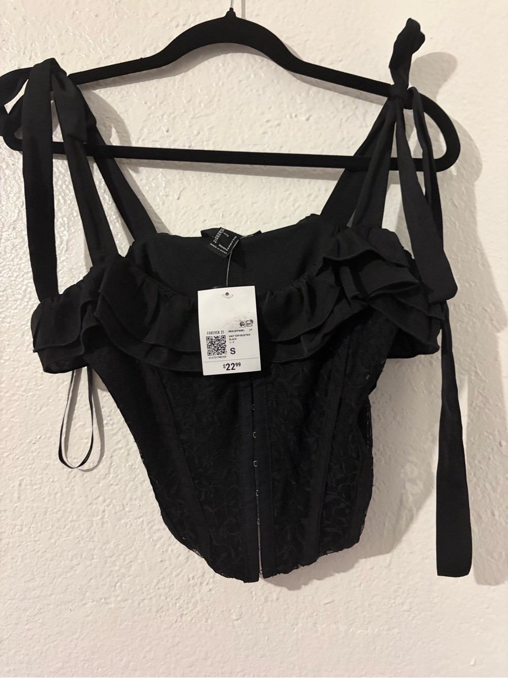 Black Ruffled Tie-Shoulder Corset Top - Unbranded
